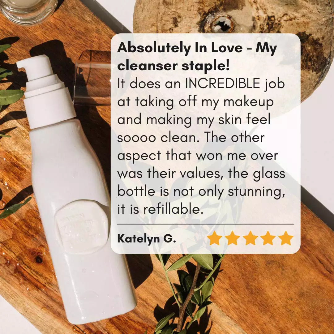 5/5 customer review of Double Cleanser with bottle and leaves in the background
