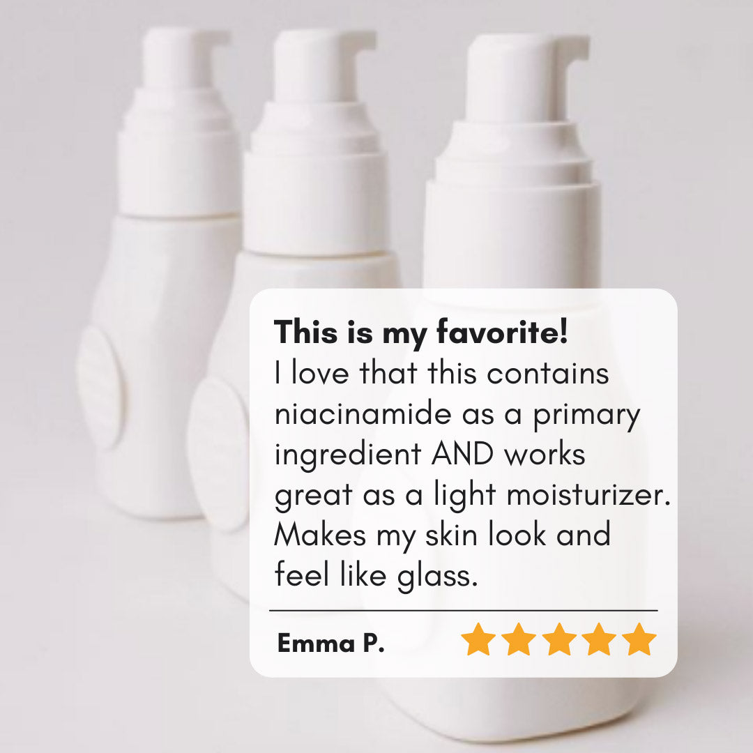 5/5 customer review of Green Tea Gel Cream with bottles in background